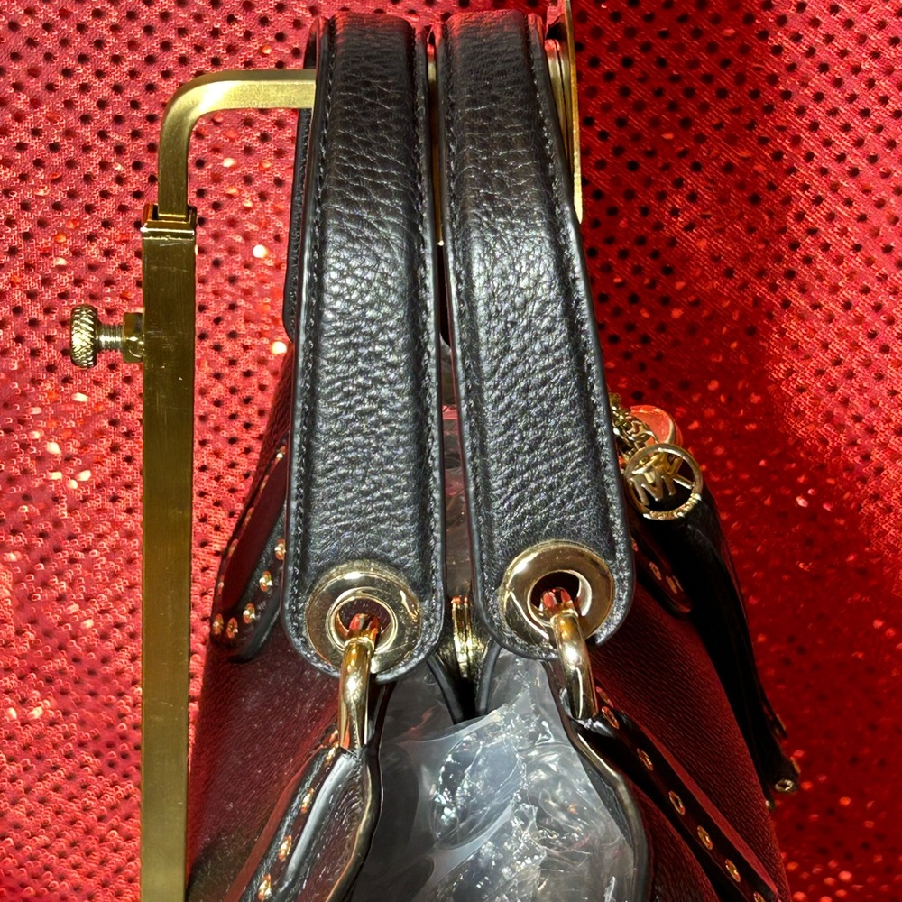 Michael Kors Black Pebbled Leather Brooklyn Satchel Bag/Gold Studs 13”x 8”x 4.5” - Picture 7 of 14